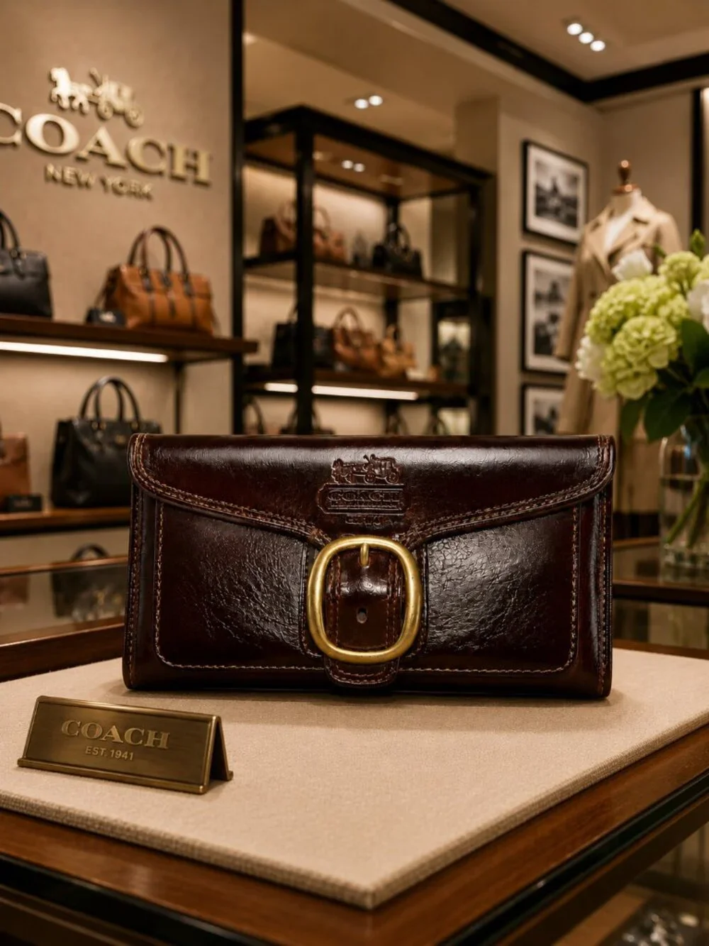 COACH Bleecker Tattersall Vintage Buckle Flap Brown Leather Wallet - Picture 5 of 16